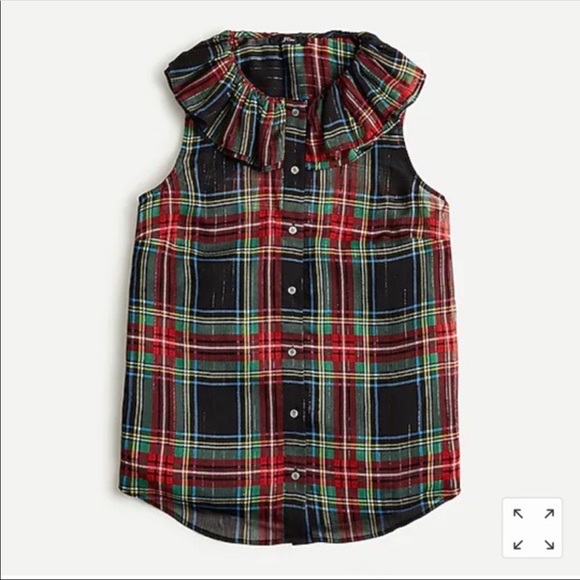J Crew Sleeveless Ruffle-Collar Top in Black Stewart Tartan - Picture 2 of 8